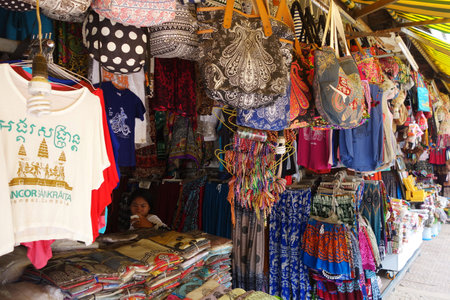 SIEM REAP, CAMBODIA- 21 OCT, 2016: Unidentified vendor on marketplace in Siem Reap. Garment industry of Cambodia accounts for 80 percent of its exports.のeditorial素材