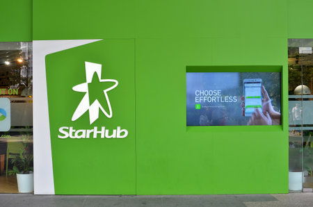 SINGAPORE- MAY 01, 2017: Sign of StarHub along the Orchard Road. StarHub Ltd is one of the three major telcos in Singapore.のeditorial素材