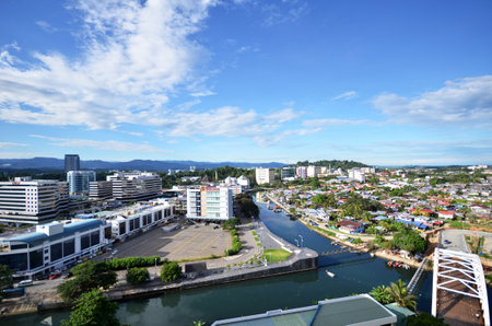 KOTA KINABALU, MALAYSIA- JUN 19, 2017: Aerial view of Kota Kinabalu town (Jesselton), the capital of state of Sabah in Malaysia. Borneo islandのeditorial素材
