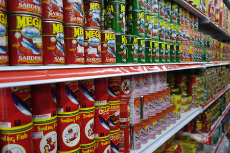 KOTA KINABALU, MALAYSIA- 29 JUN, 2017:  Shelves with product for shopping at supermarket in the heart of Kota Kinabalu City, Malaysiaのeditorial素材