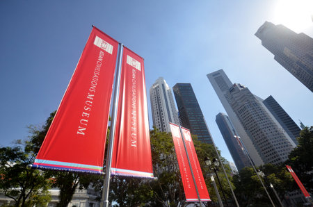 Singapore - DEC 12 2017: Red banner of Asian Civilisations Museum located in Singapore. This museum tells the stories of Asian civilisations through its permanent collectionsのeditorial素材