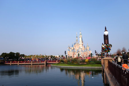SHANGHAI, CHINA-JAN 08, 2018: Sleeping Beauty Castle in Disneyland park in Shanghai, China. Shanghai Disneyland Park is a theme park located in Pudong, Shanghaiのeditorial素材