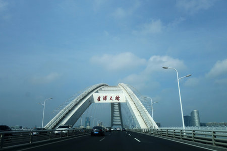SHANGHAI, CHINA-JAN 14, 2018: Bueatiful architecture Lupu Bridge that across the Huangpu River in Shanghai.のeditorial素材