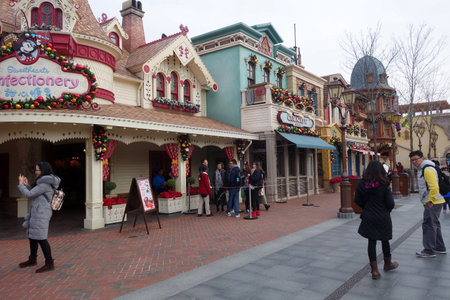 SHANGHAI, CHINA-JAN 08, 2018: Building in Disneyland park in Shanghai, China. Shanghai Disneyland Park is a theme park located in Pudong, Shanghaiのeditorial素材