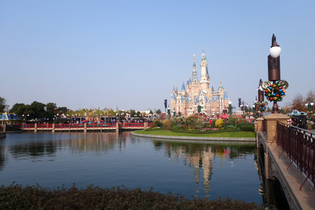 SHANGHAI, CHINA-JAN 08, 2018: Sleeping Beauty Castle in Disneyland park in Shanghai, China. Shanghai Disneyland Park is a theme park located in Pudong, Shanghaiのeditorial素材