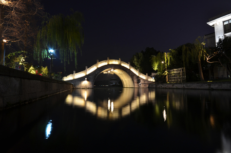 Night scene of Xihu Tiandi located in Hangzhou, Chinaの写真素材
