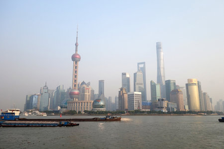 SHANGHAI, CHINA- JAN 20, 2018: View of Pudong skyline (Lujiazui) in Shanghai China. Skyscrapers of downtown on waterfrontのeditorial素材