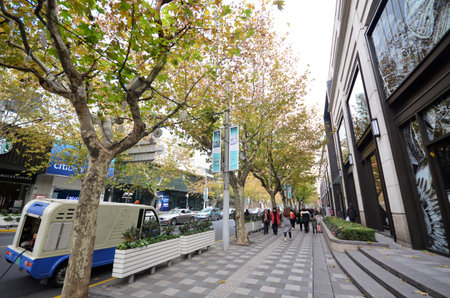 SHANGHAI, CHINA-JAN 08, 2018: Typical scene of normal street in Shanghai China. Shanghai is the largest Chinese city by population.のeditorial素材