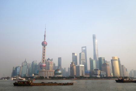 SHANGHAI, CHINA- JAN 20, 2018: View of Pudong skyline (Lujiazui) in Shanghai China. Skyscrapers of downtown on waterfrontのeditorial素材