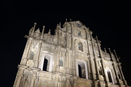 MACAU, CHINA- 06 APR, 2018: Ruins St.Paul Church in macau city at night
