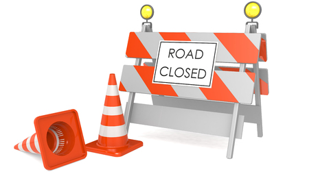 Road closed sign with traffic cones, 3D rendering. 3D renderingの写真素材
