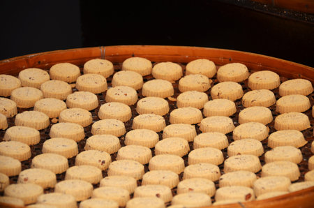 MACAU, CHINA- 07 APR, 2018: Almond cookies from Koi Kei placed on the basket. Koi Kei Bakery is a...