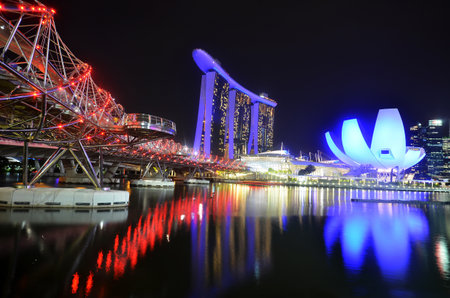 SINGAPORE-JUNE 17, 2018: Marina Bay Sands at night. It is the largest hotel in Asia. It opened on 27 April 2010.のeditorial素材