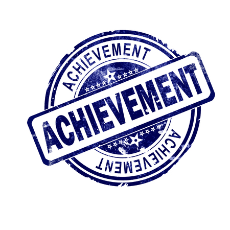Achievement word with blue round stamp, 3D renderingの写真素材