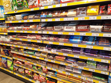 SINGAPORE - 09 SEP 2018: Various colored candies and sweets for sale placed on the rack in Singapore.のeditorial素材