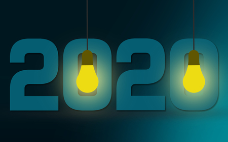 New year 2020 made of light bulb, 3D rendering