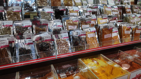 JOHOR BAHRU, MALAYSIA- 14 FEB, 2019: Various spices and seasoning at traditional street marketのeditorial素材