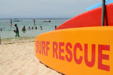 BALI, INDONESIA- 14 FEB, 2019: Lifeguard equipment on sandy Balinese beach in Indonesia