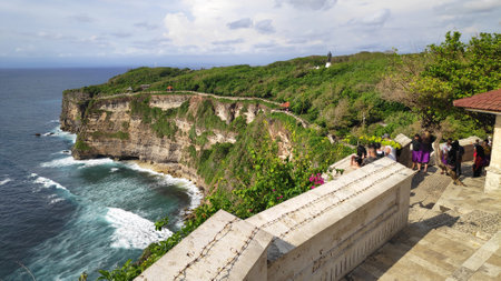BALI, INDONESIA- 14 FEB, 2019: Cliff at Uluwatu Temple or Pura Luhur Uluwatu. One of tourist attraction in Bali Indonesia.のeditorial素材