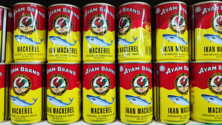 JOHOR BAHRU, MALAYSIA- 21 APR, 2019: Ayam Brand Sardine in tomato sauce sold in store in Johor...