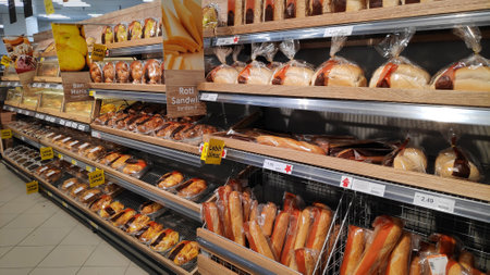 JOHOR BAHRU, MALAYSIA- 25 MAY, 2019: Assortment of pastries and breads sold at super market in Johor, Malaysiaのeditorial素材