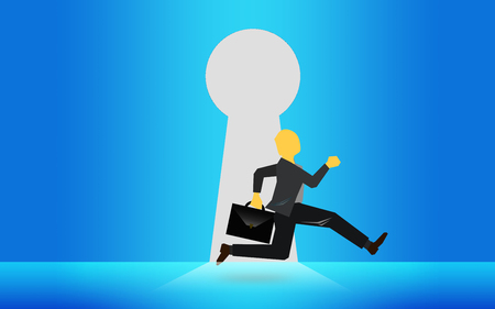 Businessman enter the key hole with suitcase, 3D renderingの写真素材
