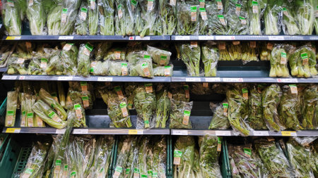 JOHOR BAHRU, MALAYSIA- 25 MAY, 2019: Vegetable stall counter on local market in Johor Bahru, Malaysia.のeditorial素材