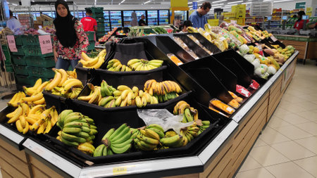 JOHOR BAHRU, MALAYSIA- 25 MAY, 2019: Exotic fresh fruits on a market for sale in hypermarket grocery store.のeditorial素材
