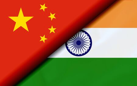 Flags of the China and India Divided Diagonally. 3D renderingの写真素材