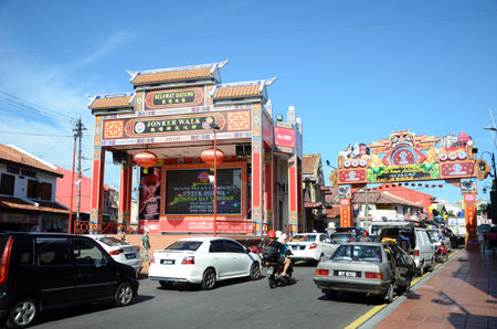 MELAKA, MALAYSIA - 25 JUN, 2019: Street view of Jonker street in Melaka Malaysia. Melaka has a historical site which was declared as the UNESCO world heritage in 2008.のeditorial素材
