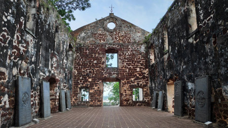 MELAKA, MALAYSIA - 25 JUN, 2019: Stones inside the church of Saint Paul in Melaka, This church was originally built in 1521, making it the oldest church building in Malaysia and Southeast Asiaのeditorial素材