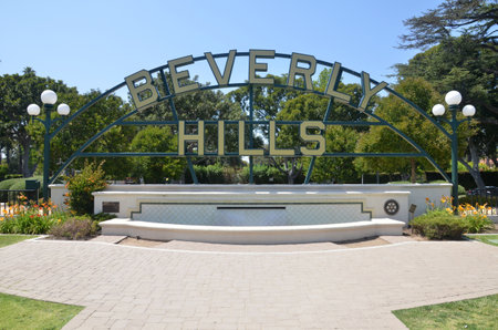 LOS ANGELES, USA- JULY 2, 2019: Beverly hills sign in Los Angeles park in Los Angeles, USA. The Beverly Hills Shield greets visitors along Santa Monica Blvd.のeditorial素材