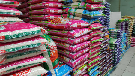 Johor Bahru, Malaysia- 28 Oct, 2019: Various of brands of rice sold in store in Johor Bahru, Malaysia.のeditorial素材