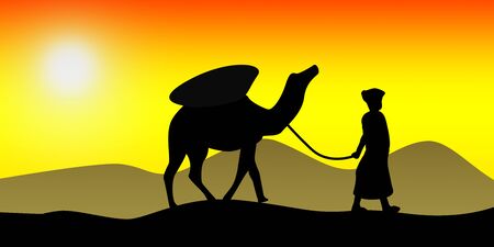 Camel caravan going through the sand dunes, 3D renderingの写真素材