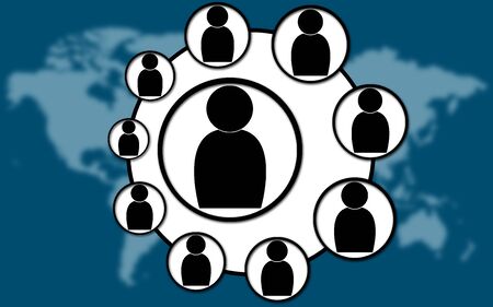 Social network on blue world map background, 3D renderingの写真素材