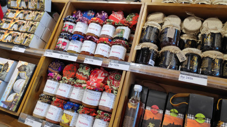 Bali, Indonesia- 18 Oct, 2019: Various snacks in packages sold at supermarket in Bali, Indonesia.のeditorial素材