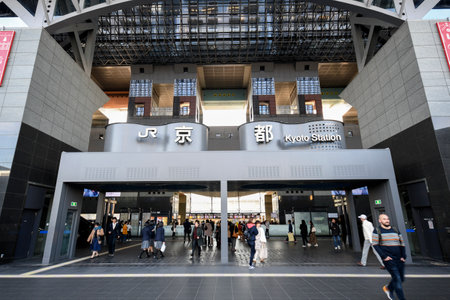 Kyoto, Japan- 24 Nov, 2019: Unidentified people walk around in front of main Central Gate of Kyoto Station in Kyoto, Japan. Kyoto Station is a Japan's second-largest station building.のeditorial素材