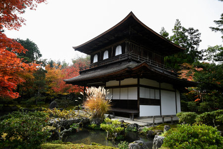 Kyoto, Japan- 24 Nov, 2019: Beautiful fall colors in Ginkaku-ji Silver Pavilion during the autumn season in Kyoto, Japanのeditorial素材