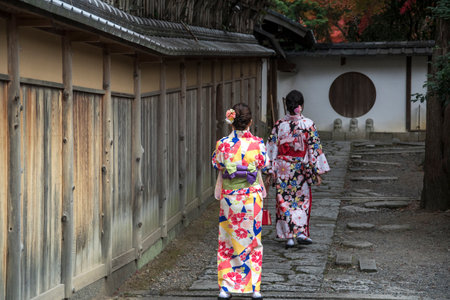 Kyoto, Japan- 27 Nov, 2019: Asian traveler wearing traditional Japanese kimono walking in Higashiyama district in the old town of Kyoto, Japan.のeditorial素材