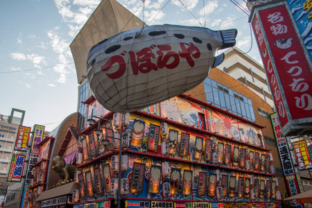 Osaka, Japan- 01 Dec, 2019: The Shinsekai district of Osaka. The neighborhood was created in 1912 with New York and Paris originally serving as models.のeditorial素材