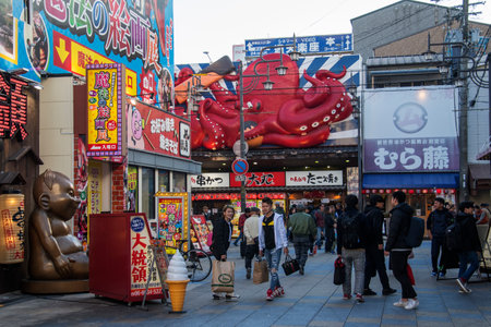 Osaka, Japan- 01 Dec, 2019: People visit Shinsekai district in Osaka Japan. Shinsekai District are one of the famous shopping area of Osaka.のeditorial素材