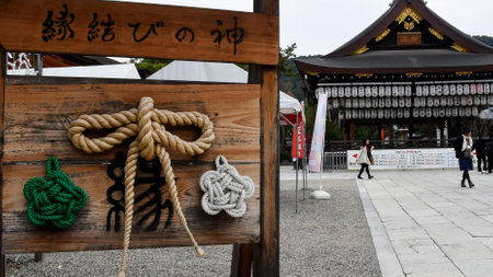 Kyoto, Japan- 27 Nov, 2019: Shimenawa, sacred rope and knots near the Yasaka shrine. Yasaka Shrine is one of most famous shrine in Kyotoのeditorial素材