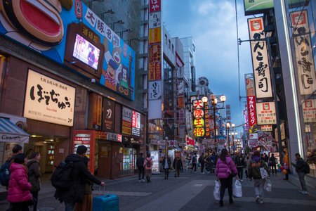 Osaka, Japan- 02 Dec, 2019: Tourist walking around pedestrian walking street at Dotonbori arcade in Namba district of Osaka, Japanのeditorial素材