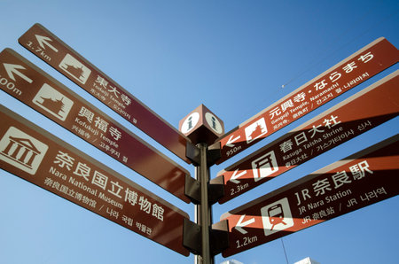 Brown directional sign for attraction spots in Nara, Japan