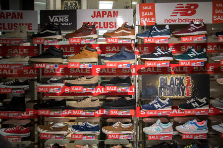 Kyoto, Japan- 26 Nov, 2019: Various brand of sport shoes sell on the street in Kyoto.のeditorial素材