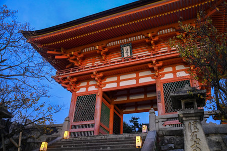 Kyoto, Japan- 24 Nov, 2019: Autumn night light up of large veranda (Kiyomizu stage) at Kiyomizu-dera temple Kyoto Japan.のeditorial素材