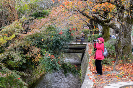 Kyoto, Japan- 24 Nov, 2019: People enjoy the beautiful colorful autumn leaves on Philosopher Path at in Kyoto, Japan.のeditorial素材