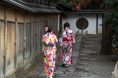 Kyoto, Japan- 27 Nov, 2019: Asian traveler wearing traditional Japanese kimono walking in Higashiyama district in the old town of Kyoto, Japan.のeditorial素材