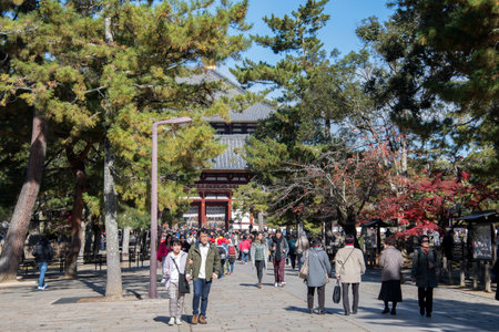 Nara, Japan- 27 Nov, 2019: View of the Todaiji Nakamon, with visitors. The entrance to Todaiji Temple is the Central Gate or Nakamon.のeditorial素材