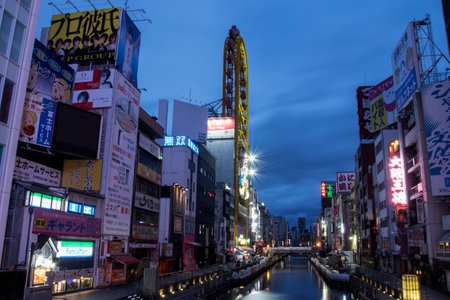 Osaka, Japan- 28 Nov, 2019: Quiet Dotonbori area in Osaka during the dawn period. Dotonbori is a popular, colourful district in the Namba areaのeditorial素材